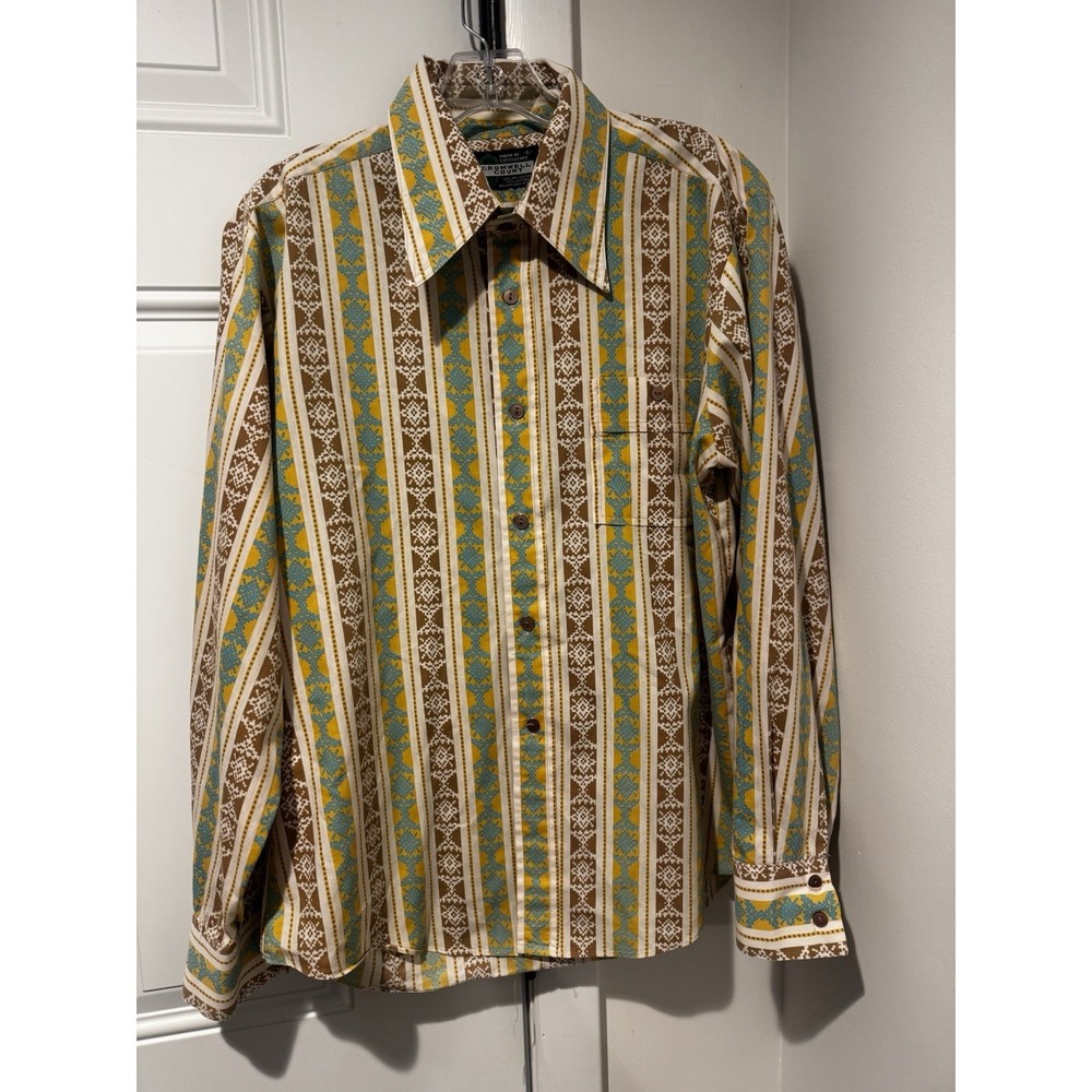 Vintage Cromwell Court Men's Geometric Disco Shirt Sz L Striped Dagger Collar